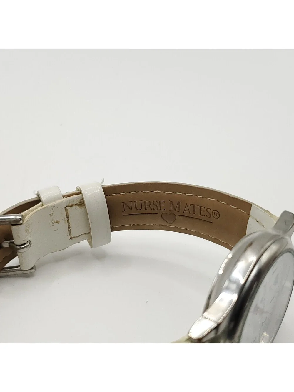 Nurse Mates White 24hr Dial 31mm Quartz Womens White Leather Band New Battery